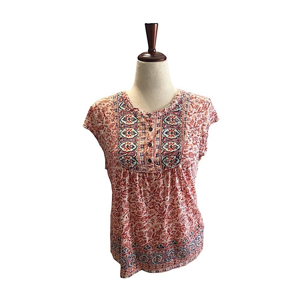 Lucky Brand Top Womens Medium Orange Blue Floral Bap Sleeve Henley Button XL